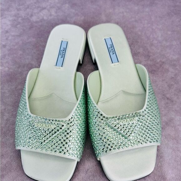 Prada Satin Crystal Embellished Green Slide Mules Sandals 37 NEW - Picture 3 of 9